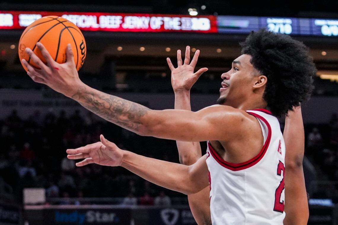 Rutgers Scarlet Knights guard Dylan Harper (2) goes up for a basket Wednesday, March 12, 2025, in a first round game at the 2025 TIAA Big Ten Men’s Basketball Tournament between the USC Trojans and the Rutgers Scarlet Knights at Gainbridge Fieldhouse in Indianapolis. The USC Trojans defeated the Rutgers Scarlet Knights, 97-89.