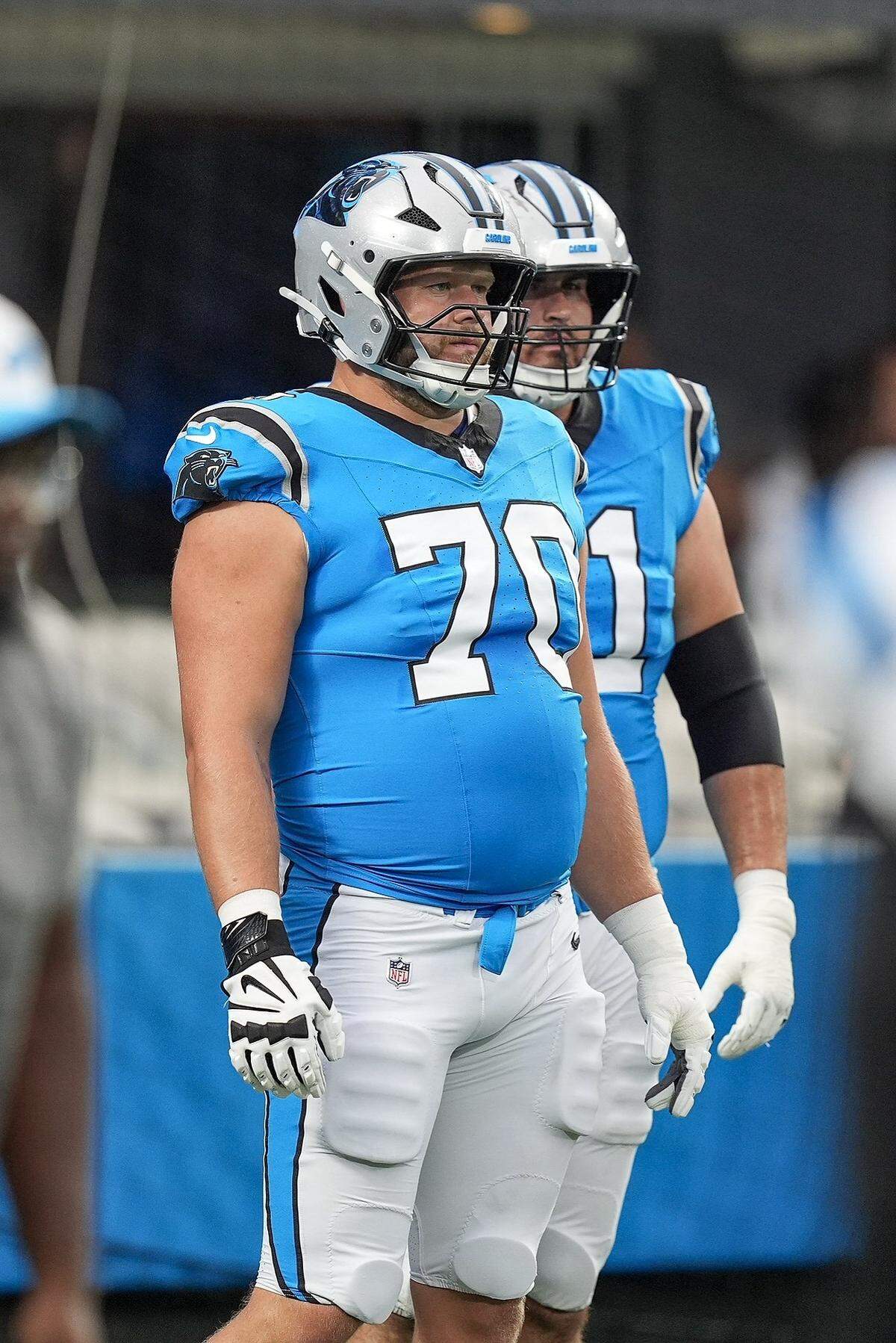 Aug 2, 2025; Charlottle, NC, USA; Carolina Panthers guard Brady Christensen (70) during Fanfest at Bank of America Stadium. Mandatory Credit: Jim Dedmon-Imagn Images