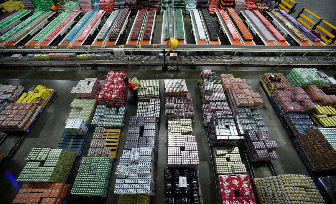Pallets of Coca-Cola Consolidated product are stacked in its automated warehouse in Charlotte. The company is the largest Coca-Cola independent bottler in the U.S.