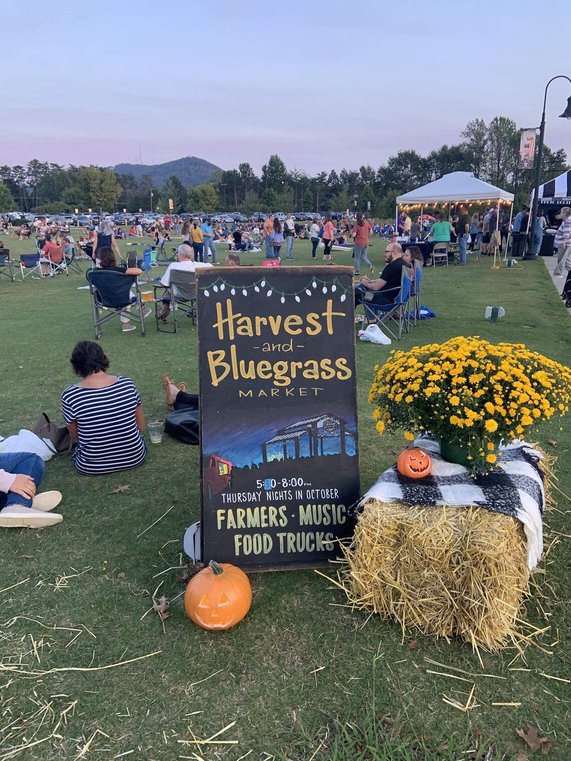 People relaxing outside listening to music at a fall festival.