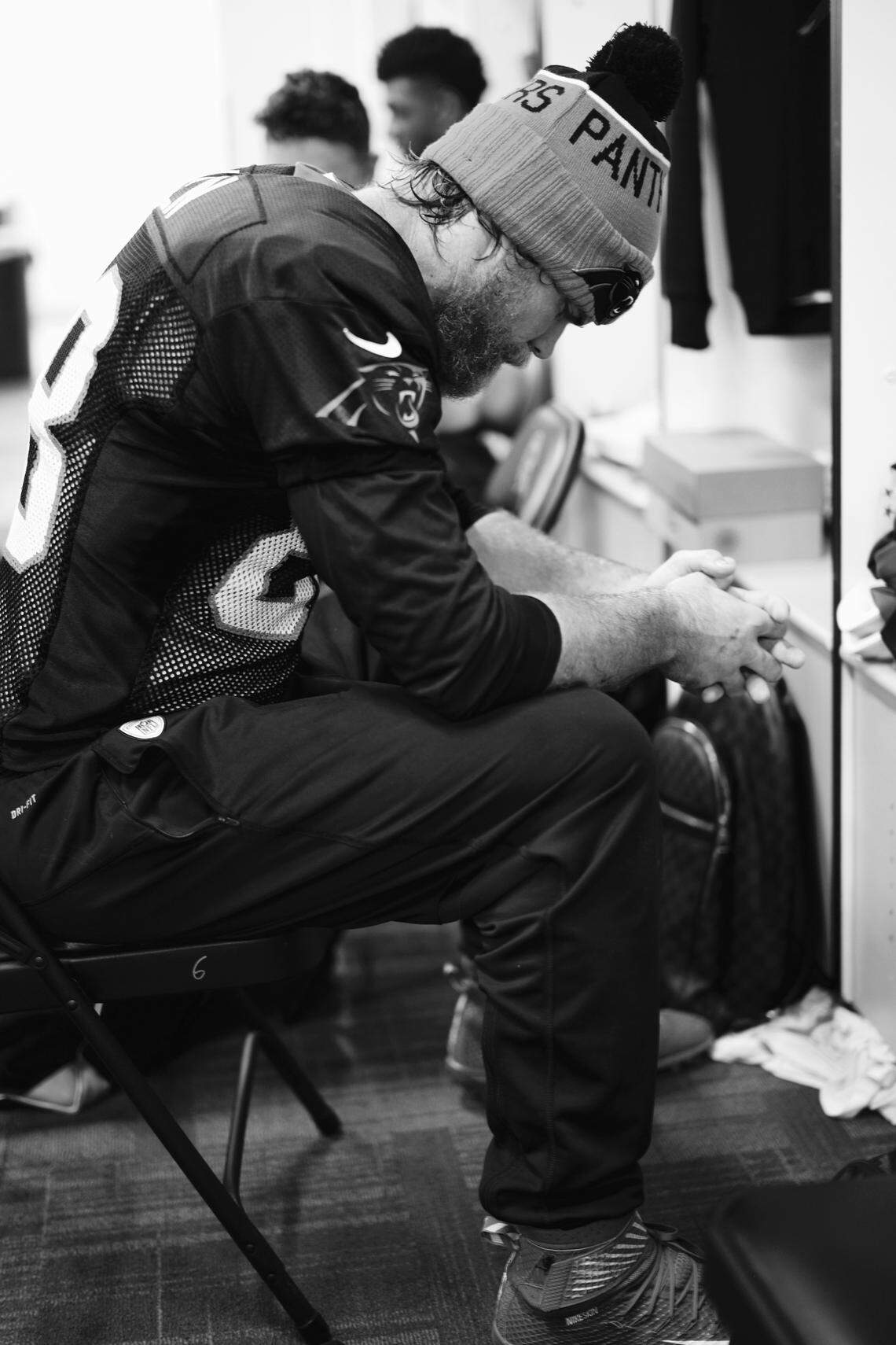 Panthers tight end Greg Olsen sits alone during Super Bowl week. Olsen had arguably the best year of his career in 2015, making the Pro Bowl while catching 77 passes for 1104 yards and seven touchdowns.