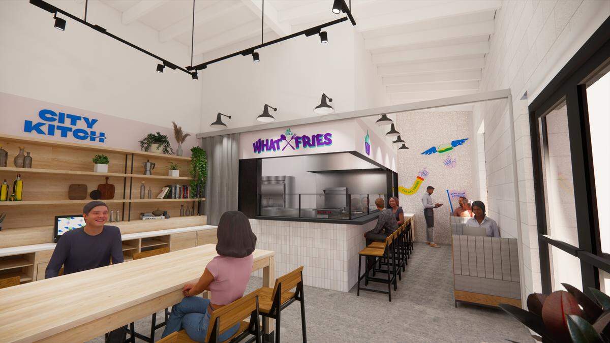 A rendering shows the new dining space at The City Kitch that incorporates What The Fries.