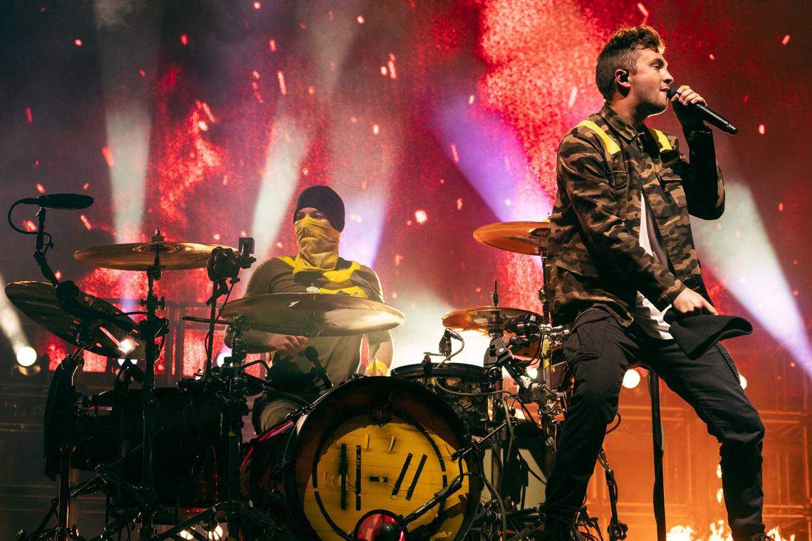 Twenty One Pilots drummer Josh Dun, left, and singer/multi-instrumentalist Tyler Joseph, photographed at a concert in Fort Worth, Texas, in 2019.