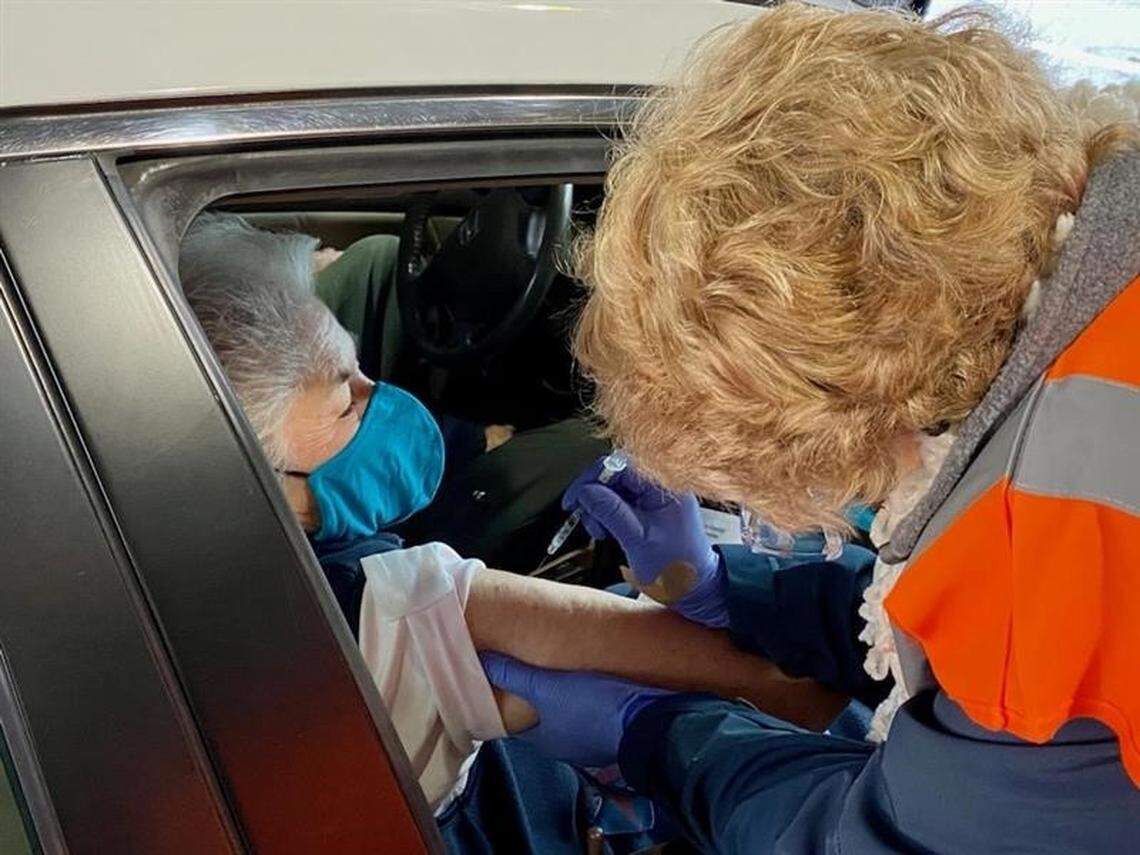 Eighty-six-year-old Beda Trenning-Helms was the first person to receive a COVID-19 vaccine at Atrium Health Union Monday morning.