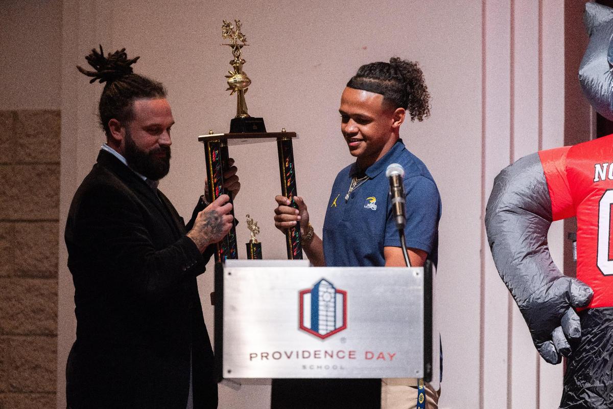 Jadyn Davis is named Mr. Football during a ceremony for Providence Day’s early college signees Charlotte, N.C., on Friday, December 8, 2023.