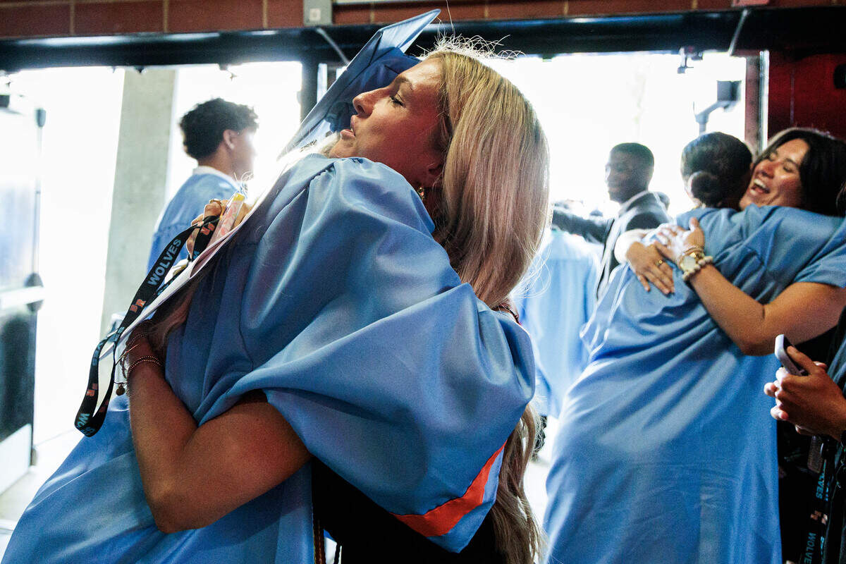 Ballantyne Ride High School Counselor and Girls Lacrosse Coach Aliisa Mason congratulates Madison Smith after graduating at the Bojangles Coliseum on Saturday, June 13, 2026.