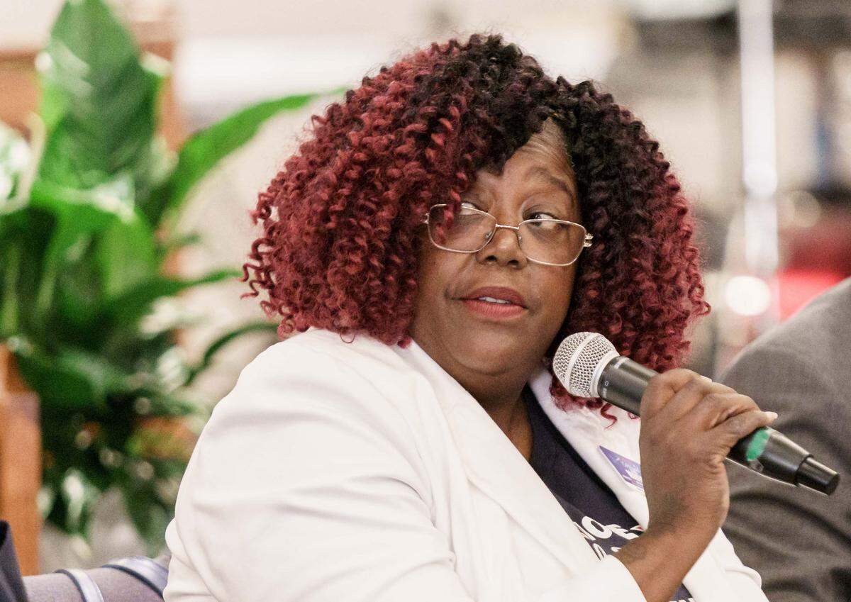 LaWana Slack-Mayfield particiates in the Black Political Caucus forum Saturday April 2, 2022.