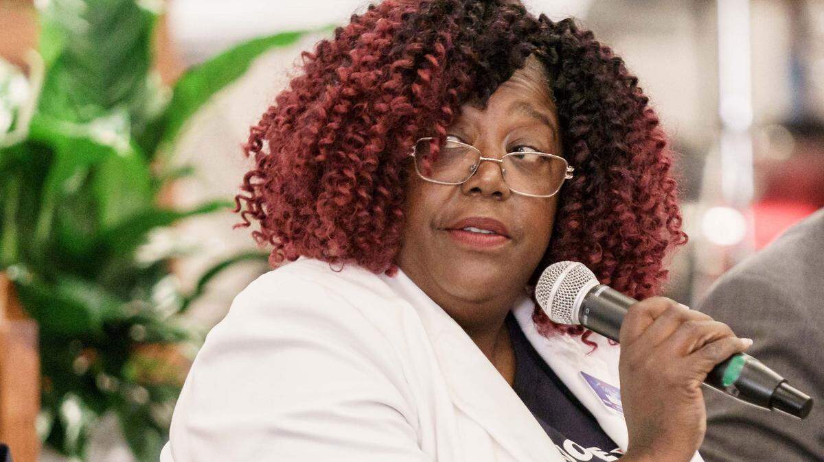LaWana Slack-Mayfield particiates in the Black Political Caucus forum Saturday April 2, 2022.