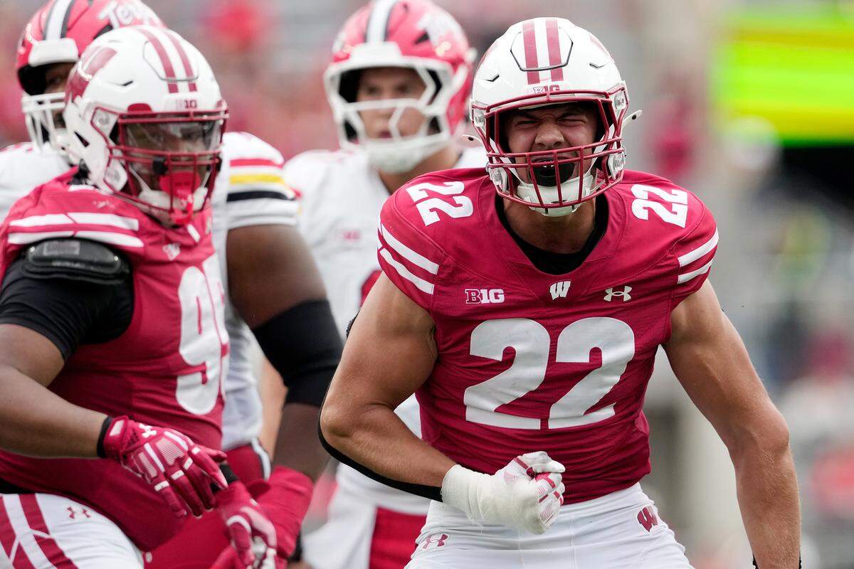 Wisconsin Badgers defensive end Mason Reiger reacts after a sack in the third quarter against the Maryland Terrapins at Camp Randall Stadium on Sept. 20, 2025, in Madison, Wisconsin. 