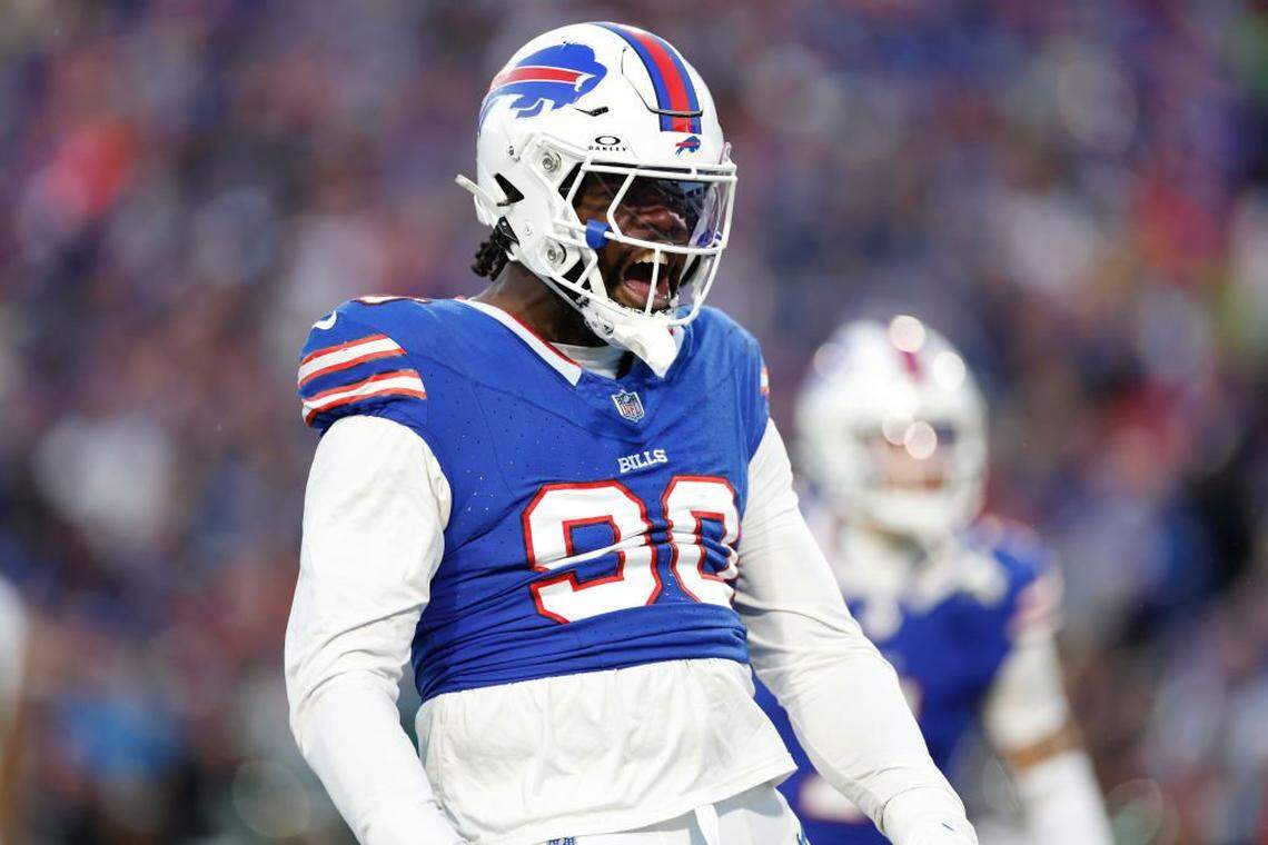 Shaq Lawson of the Buffalo Bills celebrates after recording a sack against the New York Jets in 2023. 