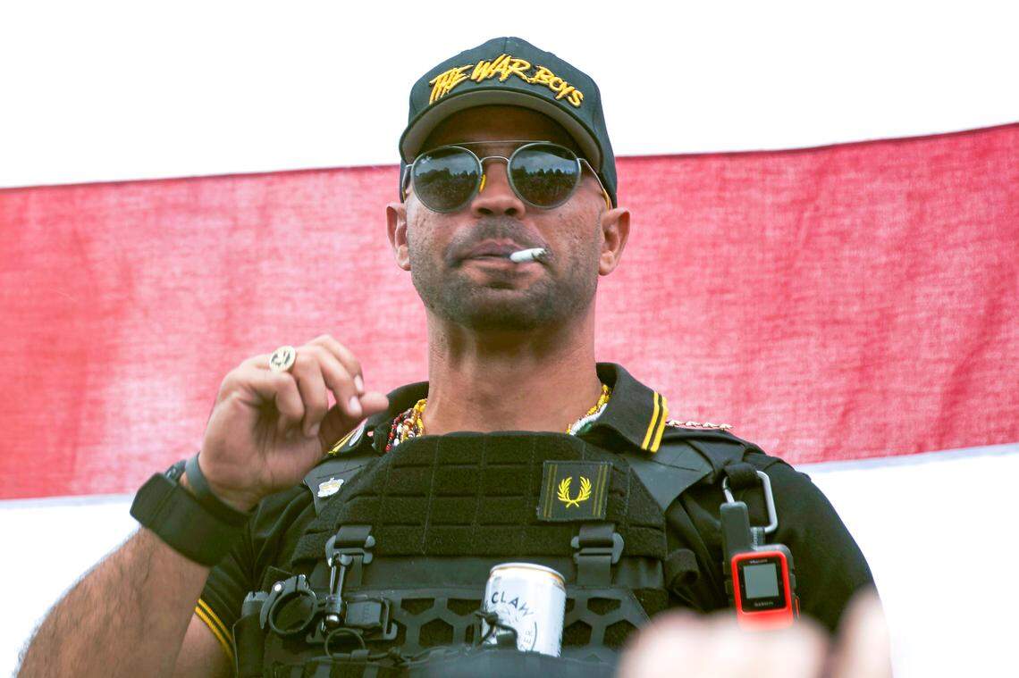 Proud Boys leader Henry “Enrique” Tarrio, shown in Portland, Ore., in 2020, and four of his top lieutenants were indicted and charged with seditious conspiracy and other crimes tied to the Jan. 6, 2021, riot at the U.S Capitol.