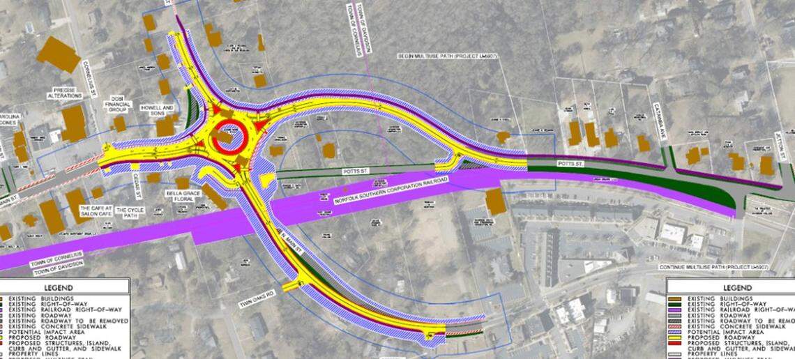 A roundabout is planned at N.C. 115 and Potts Street in Cornelius as part of a $15 million project to improve traffic flow in Cornelius and Davidson, state highway officials said.