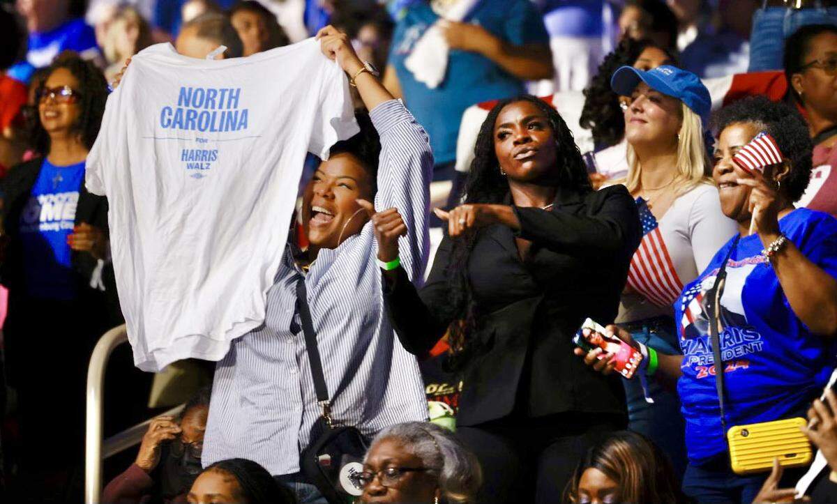 Attendees show support for Vice President Kamala Harris in Bojangles Coliseum Thursday afternoon, Sept. 12, 2024 in Charlotte. Harris is the Democratic nominee for president.