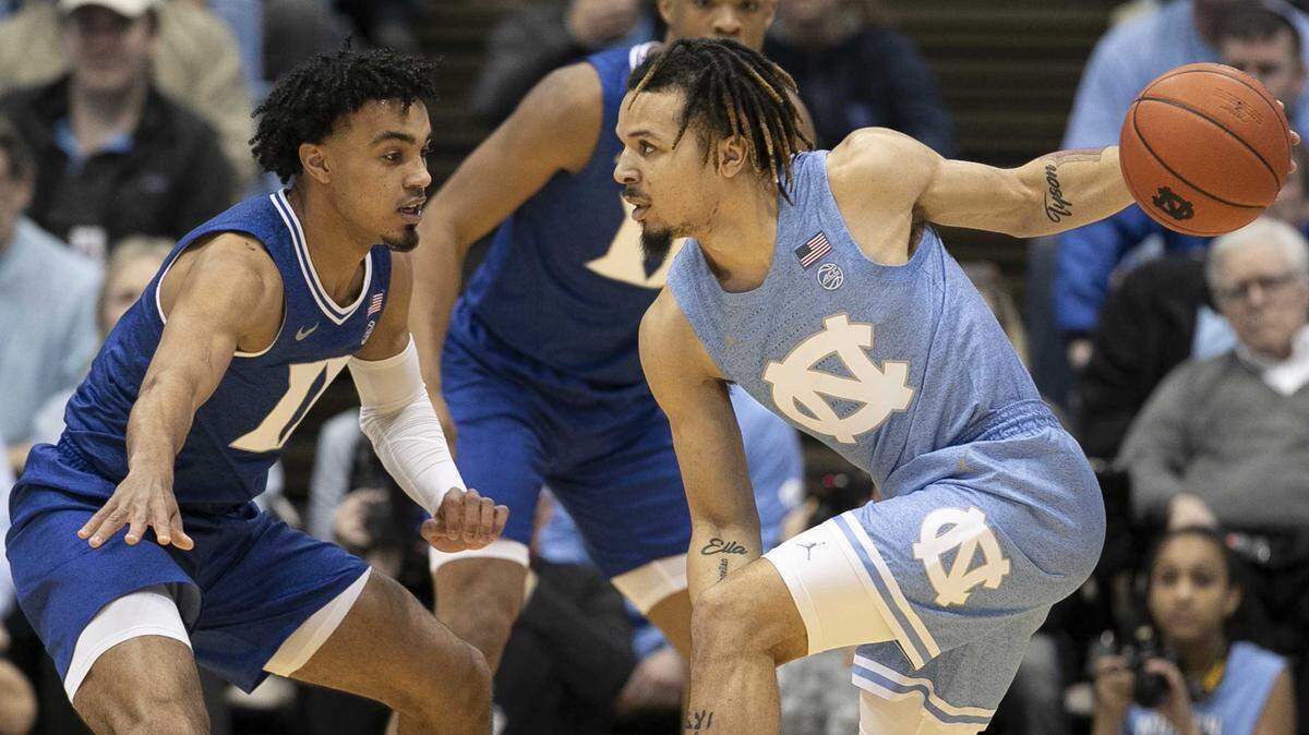 Duke’s Tre Jones (3) defends North Carolina’s Cole Anthony (2) during the first half on Saturday, February 8, 2020 at the Smith Center in Chapel Hill, N.C.