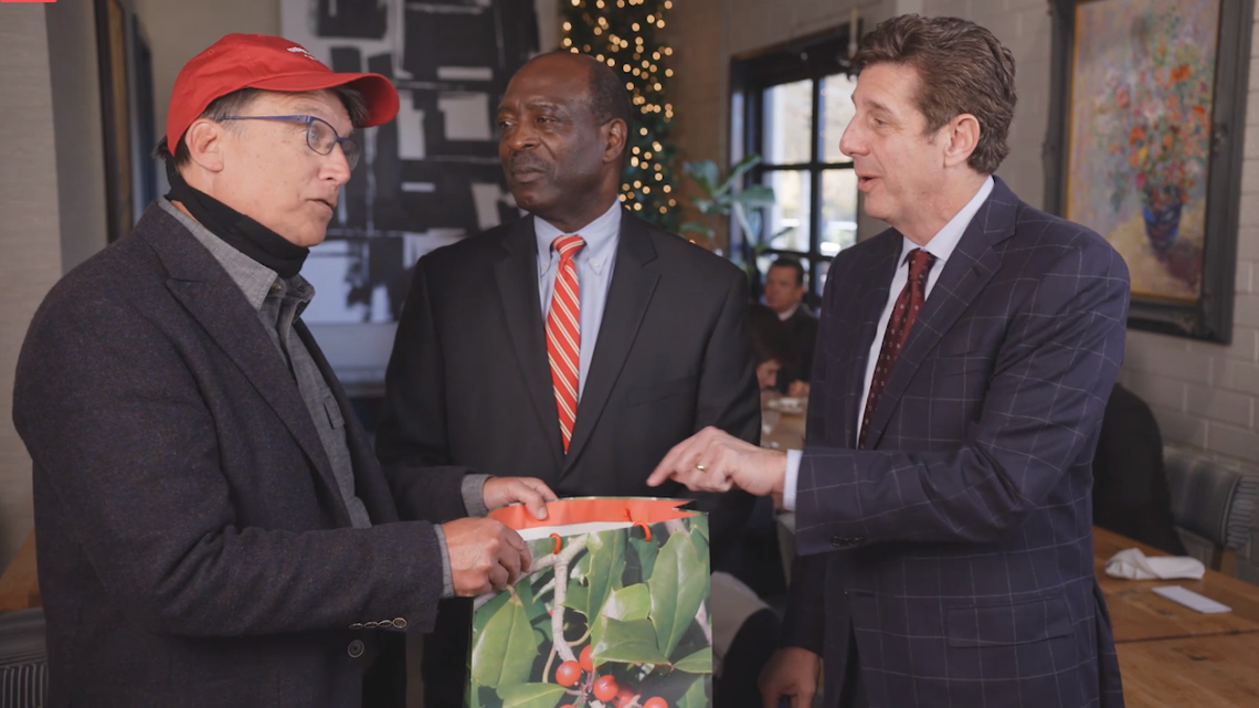 From left, former N.C. Gov. and Charlotte Mayor Pat McCrory pitches Good Fellows donations at the club’s virtual Christmas luncheon on Wednesday, Dec. 9, 2020, to Good Fellows president Richard “Stick” Williams and club vice president Peter Pappas.