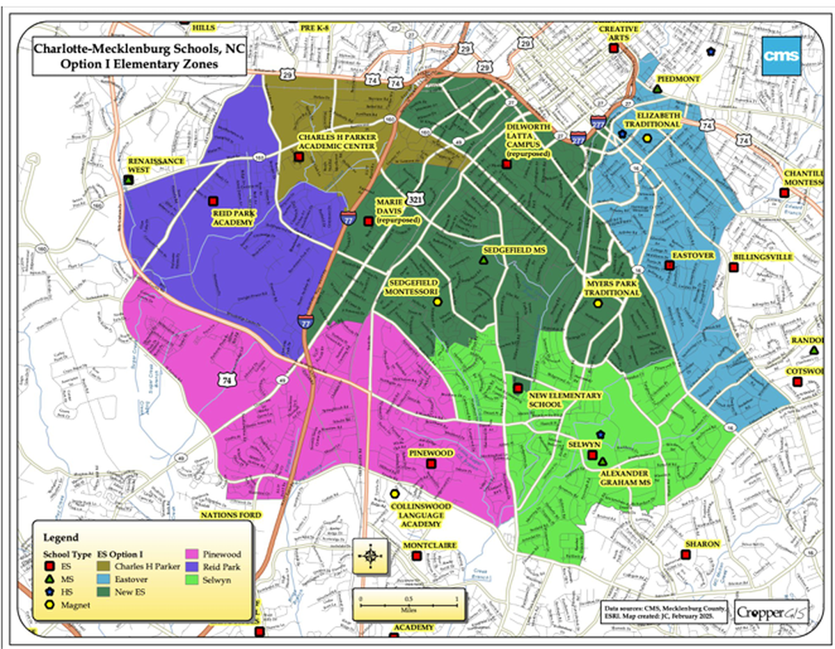 Charlotte-Mecklenburg Schools Board of Education members are considering two different options for how to adjust boundaries in south Charlotte after building a new elementary school close to Park Road in the Montford and Freedom Park area. This is option No. 1, which CMS officials say will have the smallest impact on students and families.