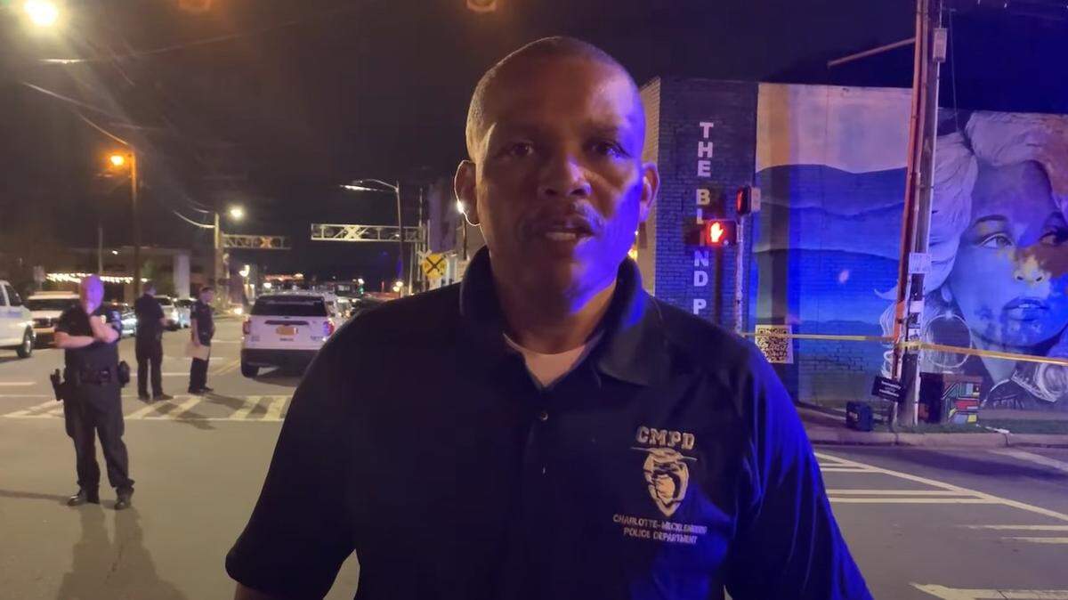 Johnny Jennings, chief of Charlotte-Mecklenburg Police, discusses recent shootings involving his officers at a crime scene in the NoDa neighborhood of Charlotte, NC, on Tuesday, June 28, 2022.