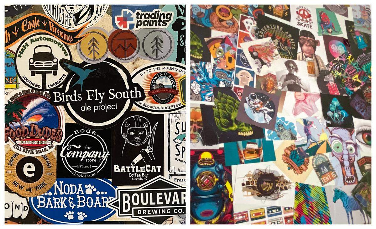 A close-up of stickers on the actual art piece in Zack Albert and Becca Bellamy’s NoDa home (left), compared to a close-up of stickers on the version used in “Please Don’t Destroy: The Treasure of Foggy Mountain.”