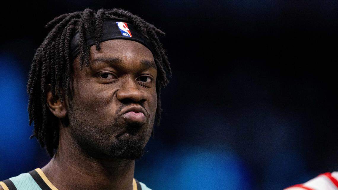 Charlotte Hornets center Mark Williams (5) reacts during the third quarter against the Portland Trail Blazers at Spectrum Center.