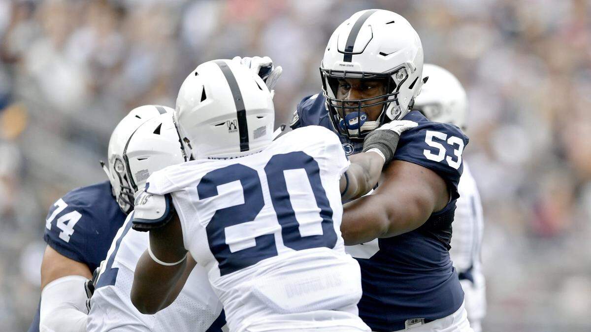 Penn State offensive lineman Rasheed Walker (53) could be an option for the Panthers to draft on Day 3 if they don’t select one in the first round.