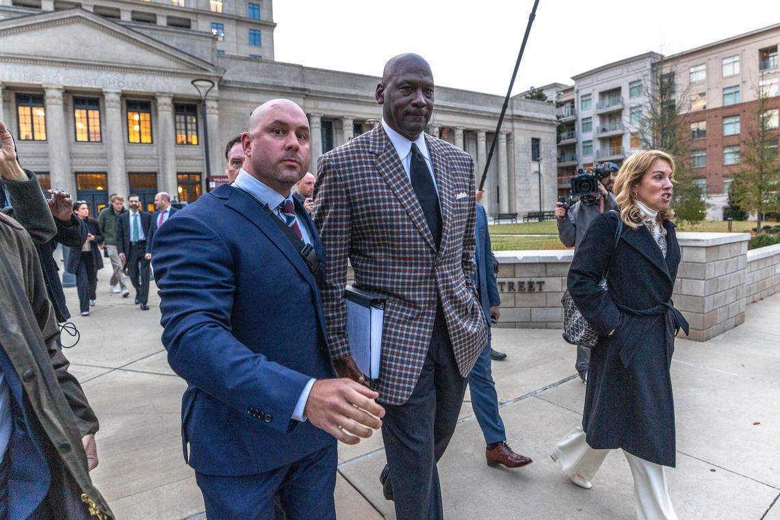 Michael Jordan, co-owner of 23XI Racing, departs the Charles R. Jonas Federal Building on Dec. 1, 2025, in Charlotte. 