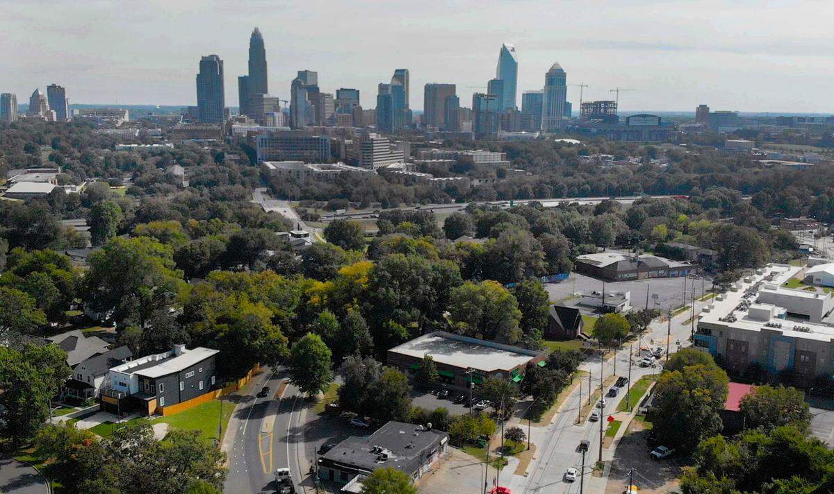 Charlotte’s skyline in this 2021 file photo as seen from a drone photo.