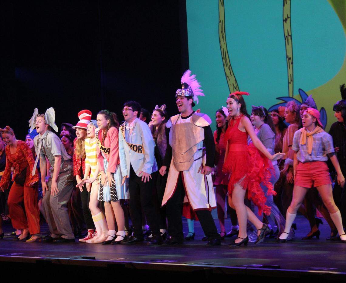 Josh Moraja, center, in feathered helmet as General Genghis Kahn Schmitz, along with castmates in Weddingotn HIgh’s “Seussical” at the Blumey Awards in May. Moraja was named Best Supporting Actor.