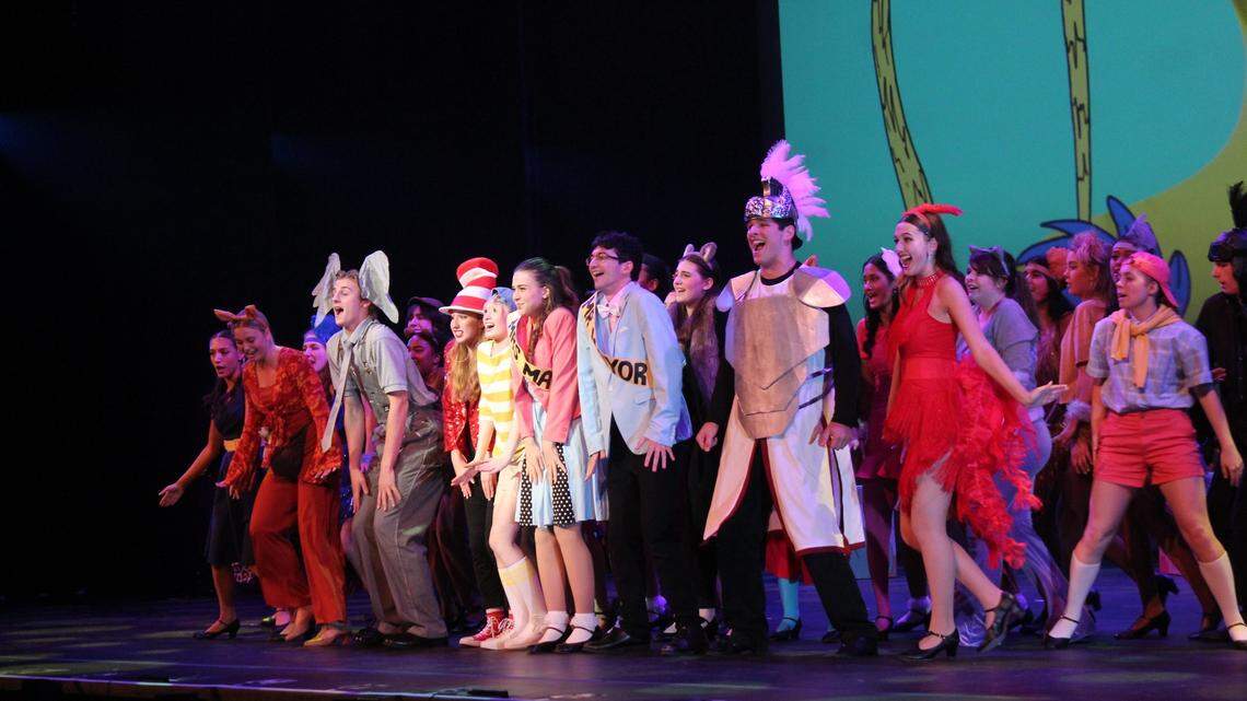Josh Moraja, center, in feathered helmet as General Genghis Kahn Schmitz, along with castmates in Weddingotn HIgh’s “Seussical” at the Blumey Awards in May. Moraja was named Best Supporting Actor.