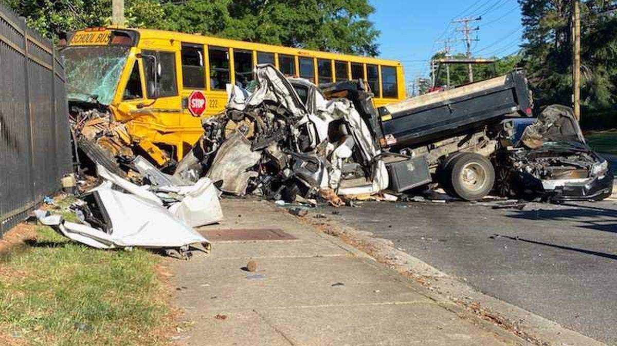 A school bus was involved in a crash with a dump truck and another vehicle at Sharonbrook Drive near Sharon Road West in south Charlotte on Wednesday, May 11, 2022.