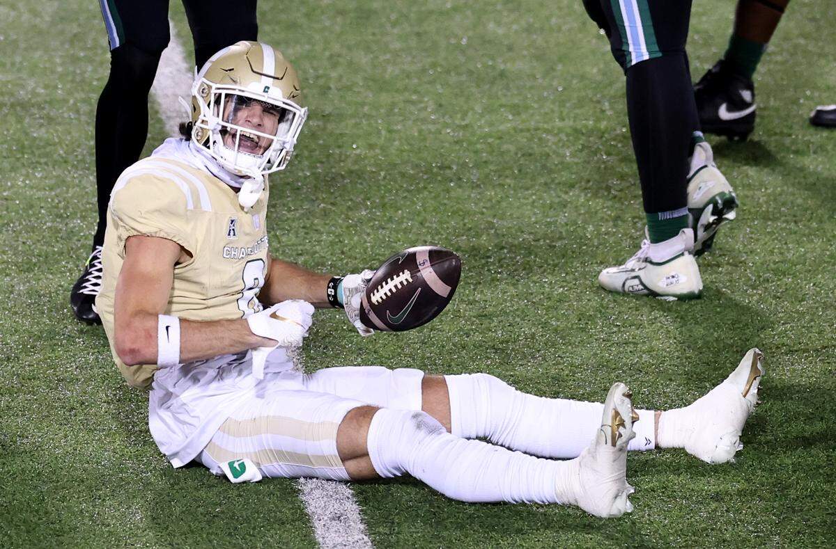 Charlotte 49ers wide receiver Sean Brown celebrates a pass reception during action against Tulane on Thursday, October 31, 2024 at Jerry Richardson Stadium in Charlotte, NC.