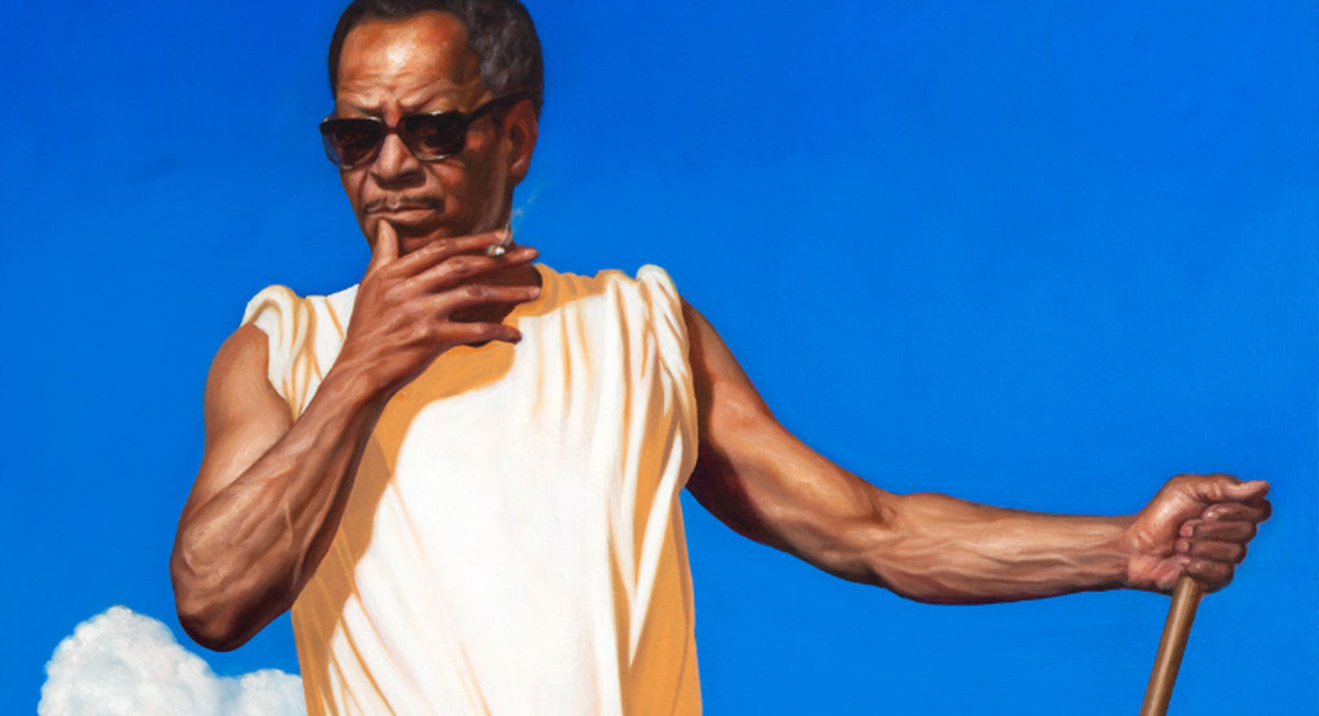 Mario Moore, “Patron Saint of Urban Farming,” detail, oil on linen, 2025. The Detroit artist’s work is featured in the new Gantt Center exhibition, “In Pursuit of Home.”