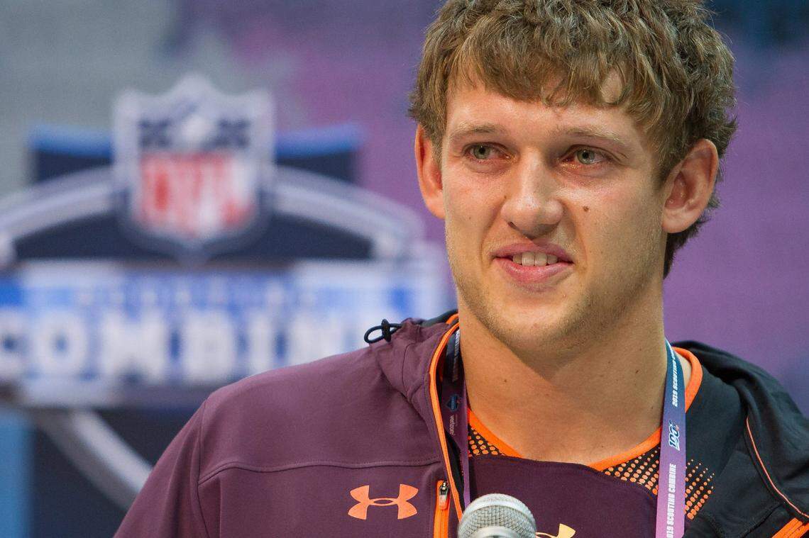 Mar 1, 2019; Indianapolis, IN, USA; Iowa tight end T J Hockenson (TE07) speaks to media during the 2019 NFL Combine at the Indiana Convention Center. Mandatory Credit: Trevor Ruszkowski-USA TODAY Sports