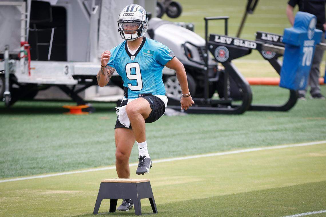 Carolina Panthers quarterback Matt Corral (9) runs drills during rookie minicamp at the Panthers practice field in Charlotte, N.C., Friday, May 13, 2022.