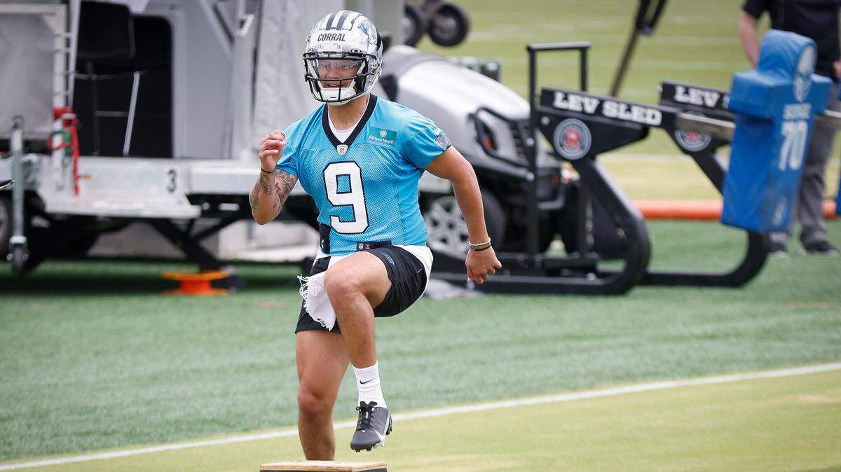 Carolina Panthers quarterback Matt Corral (9) runs drills during rookie minicamp at the Panthers practice field in Charlotte, N.C., Friday, May 13, 2022.
