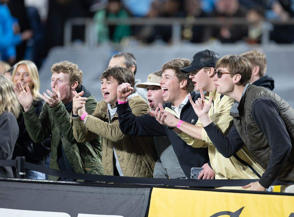 Wake Forest fans celebrate a Wake Forest touchdown during early 1st quarter action. Wake Forest would play Mississippi State in the Duke's Mayo Bowl at Bank of America Stadium Friday Jan. 2, 2026.