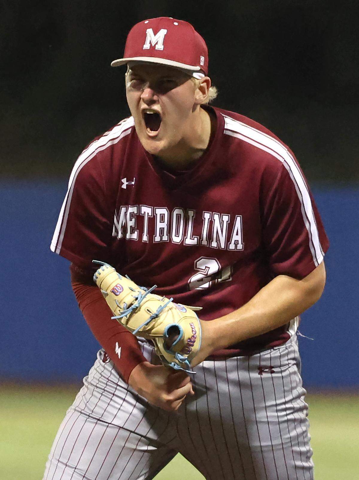 Metrolina Christian pitcher Bryson Josey celebrates striking out a Charlotte Christian batter to end the inning during Game 1 of the NCISAA state final on Friday, May 15, 2026.