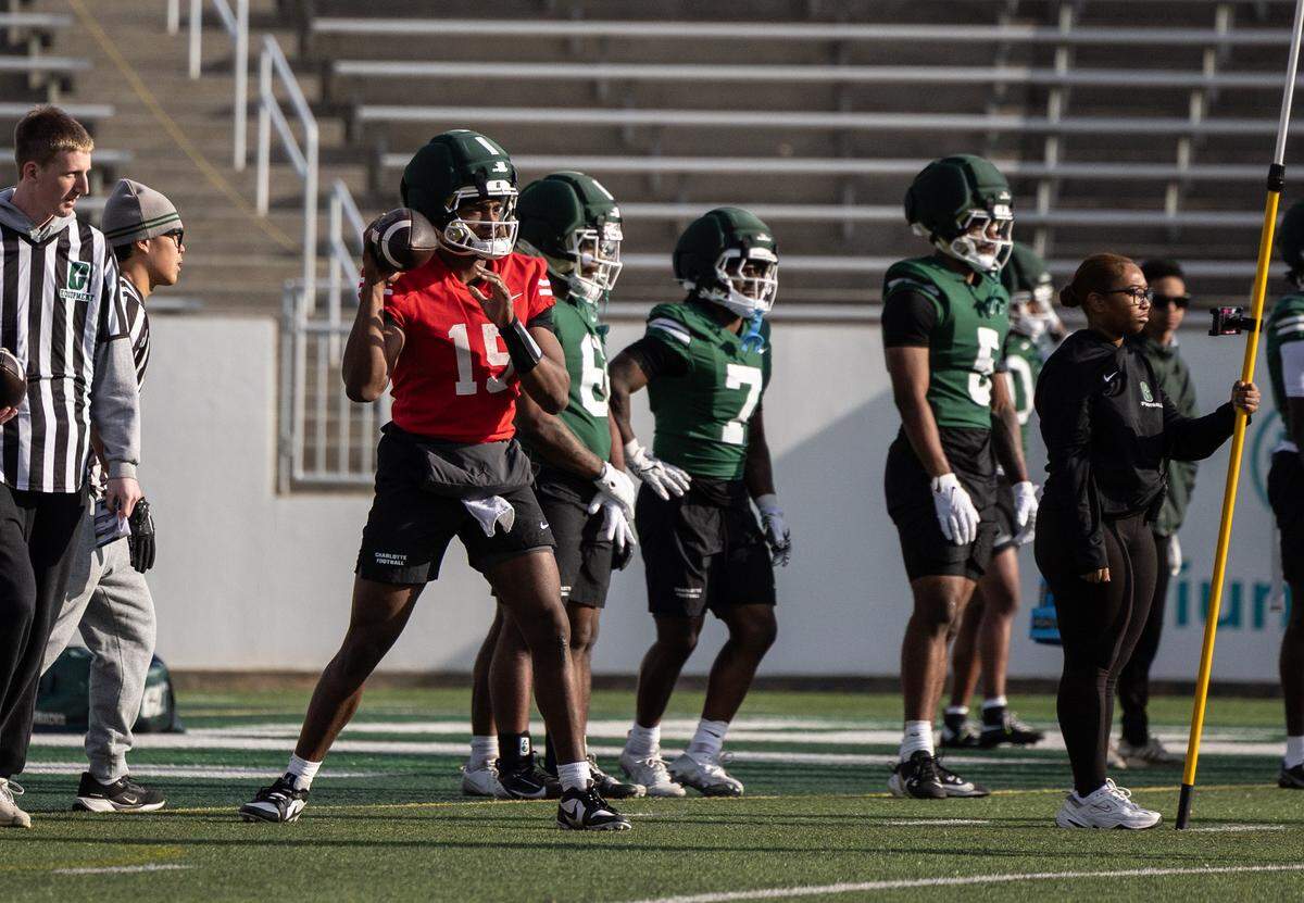 Charlotte 49ers Conner Harrell makes a pass during Charlotte 49ers open spring football practice at Jerry Richardson Stadium in Charlotte, N.C., on Tuesday, March 24, 2026.
