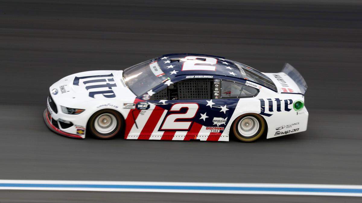 Brad Keselowski (2) drives during the NASCAR Cup Series auto race at Charlotte Motor Speedway Sunday, May 24, 2020, in Concord, N.C. (AP Photo/Gerry Broome)