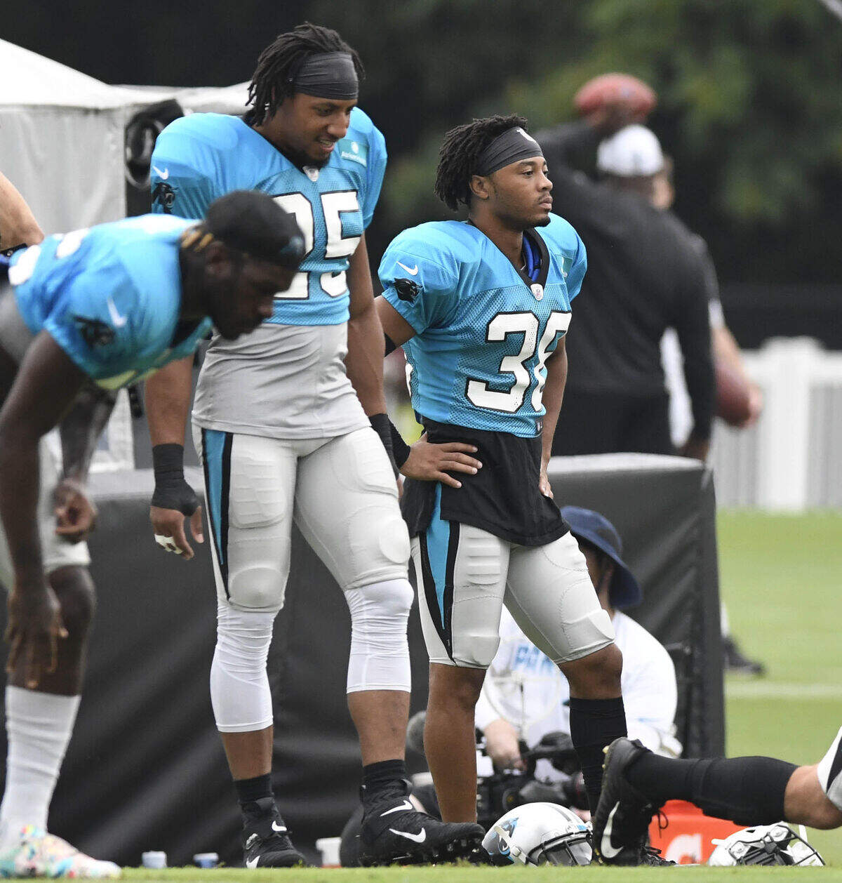 Carolina Panthers cornerback Javien Elliott (38) is listed at 5-foot-11 and 175 pounds, so he is one of the Panthers’ smaller defensive backs. Safety Eric Reid (25) is listed at 6-1 and 215 pounds.