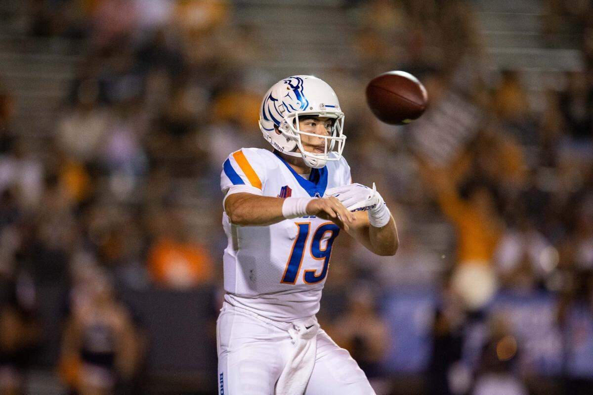 Sep 23, 2022; El Paso, Texas, USA; Boise State quarterback Hank Bachmeier (19) passes the ball against the UTEP Miners defense in the first half at Sun Bowl. Mandatory Credit: Ivan Pierre Aguirre-USA TODAY Sports