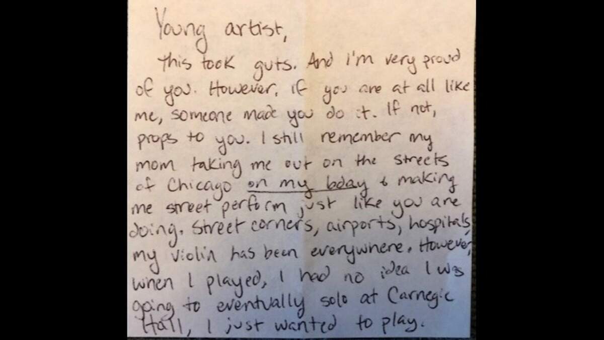 Travelers routinely leave 13-year-old pianist Evan Brezicki notes like this one as they pass while he’s playing piano at Charlotte-Douglas International Airport. Evan plays for two hours at the airport each weekend.
