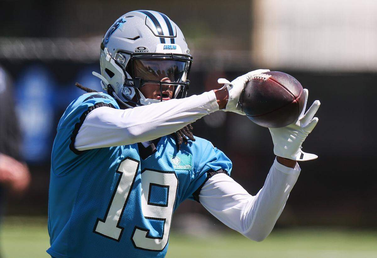 Third-round draft pick wide receiver Chris Brazzell catches a pass during the first day of Panthers rookie minicamp in Charlotte on Friday, May 8, 2026.