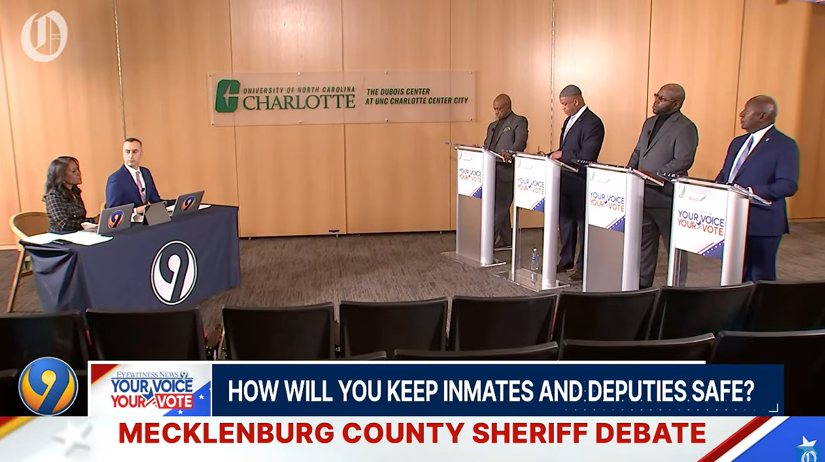 From a screen capture, the candidates for Mecklenburg County sheriff in 2026 at a debate on Jan. 28, 2026.