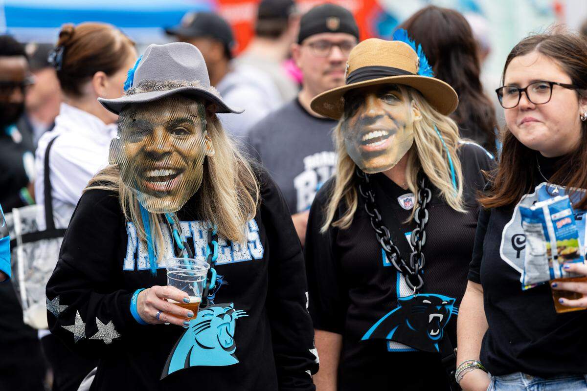 Panthers fans at the livestream of Cam Newton’s “4th & 1” podcast, ahead of his former team’s home playoff game against the Rams.