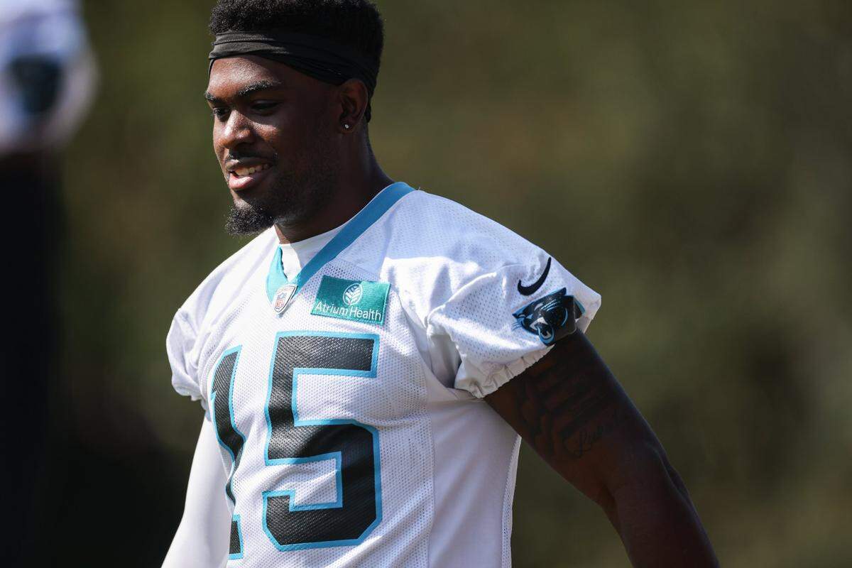 Carolina Panthers rookie wide receiver Jonathan Mingo arrives at a practice during the team’s training camp at Wofford College in Spartanburg, S.C., on Wednesday, July 26, 2023.