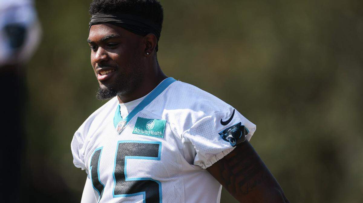 Carolina Panthers rookie wide receiver Jonathan Mingo arrives at a practice during the team’s training camp at Wofford College in Spartanburg, S.C., on Wednesday, July 26, 2023.