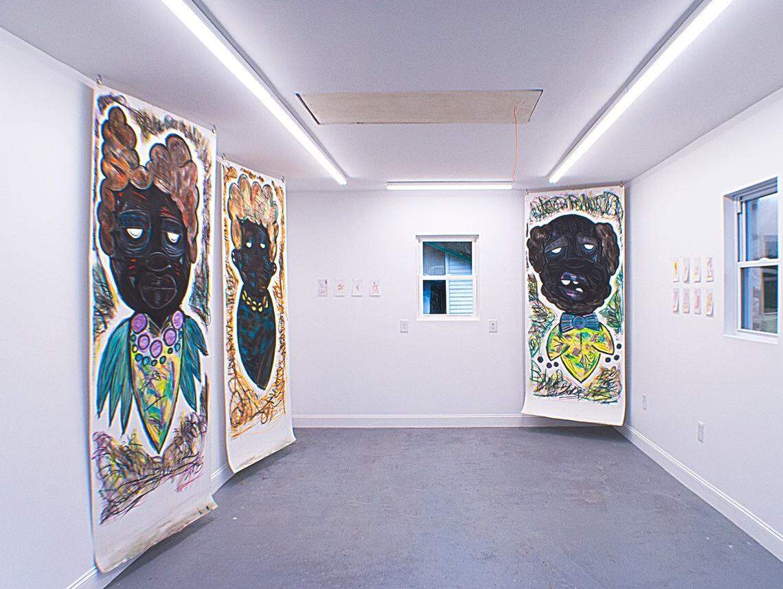 Works by Charlotte artists de’Angelo Dia and Julio Gonzalez were on display at Stone House Art Gallery in January in an exhibition titled “Legacy.” The large works, by Dia, honor characters of African descent. The smaller drawings, by Gonzalez, offer a glimpse into a fantastical Mayan future.