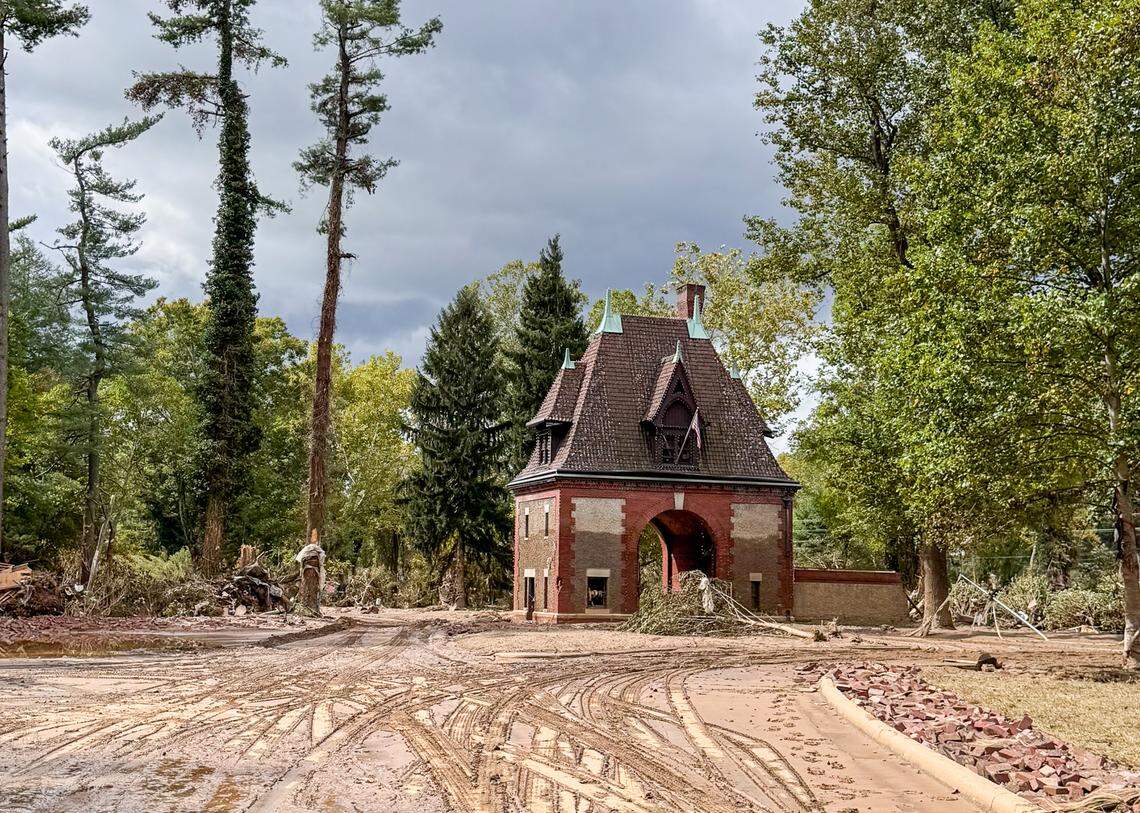 Storm damage at Biltmore Estate’s lodge gate after Hurricane Helene.