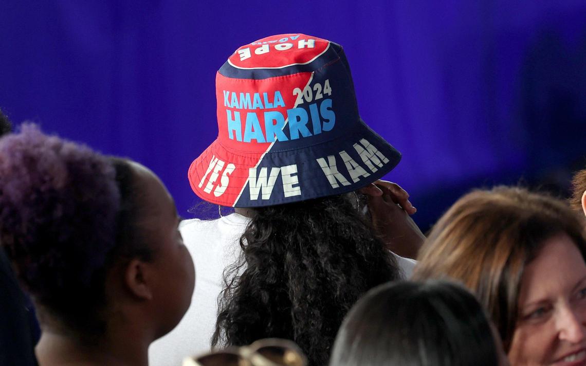 A supporter for Vice President Kamala Harris wears a hat at PNC Music Pavilion on Saturday, November 2, 2024. Harris traveled to the PNC Music Pavilion for a “When We Vote We Win” rally with supporters.