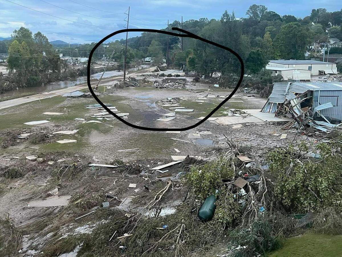 Inside the circle lies the remains of Asheville Tea Company’s production center in Asheville, North Carolina. It was destroyed during Hurricane Helene.